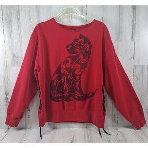 Upcycled Red Sweatshirt Tribal Cat Womens L? Custom Cut Collar & Lace Up Sides